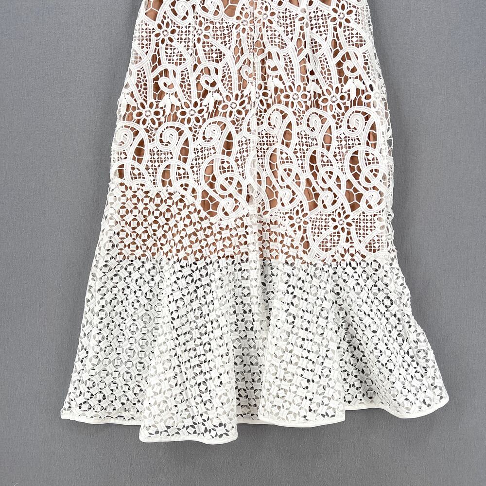 BARNEYS NEW YORK Crochet Lace Dress Womens XS White V-neck Sleeveless Tulip Midi - Picture 8 of 16
